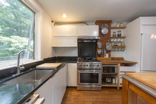 34 Lewis Ave Unit 34, Arlington, MA 02474 - kitchen with stainless steel appliances, white cabinets, open shelves, dark wood-type flooring, and recessed lighting