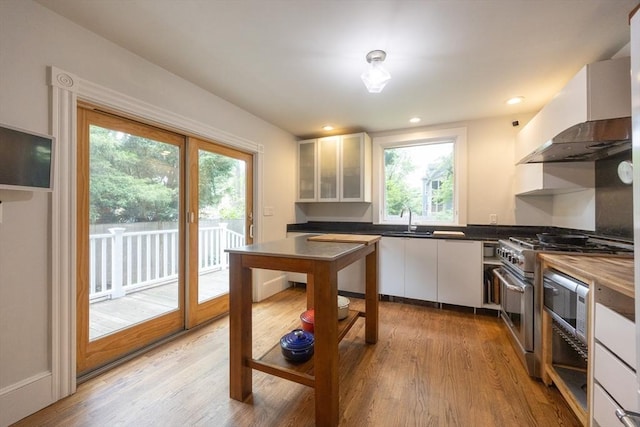 34 Lewis Ave Unit 34, Arlington, MA 02474 - kitchen featuring stainless steel stove, exhaust hood, white cabinets, plenty of natural light, and recessed lighting