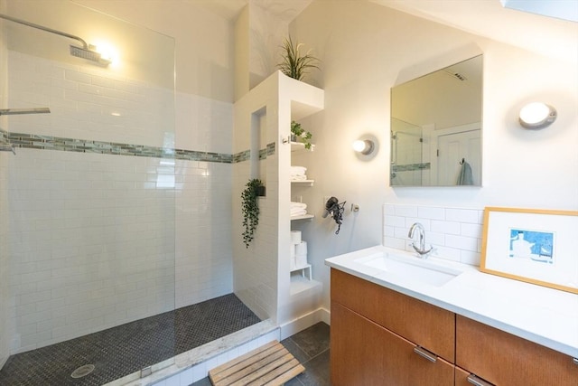 34 Lewis Ave Unit 34, Arlington, MA 02474 - bathroom featuring walk in shower, vanity, tile patterned floors, and backsplash