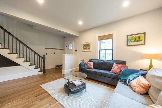 34 Lewis Ave Unit 34, Arlington, MA 02474 - living area with wood finished floors, stairway, and recessed lighting