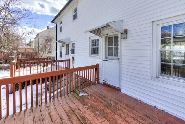 view of snow covered deck