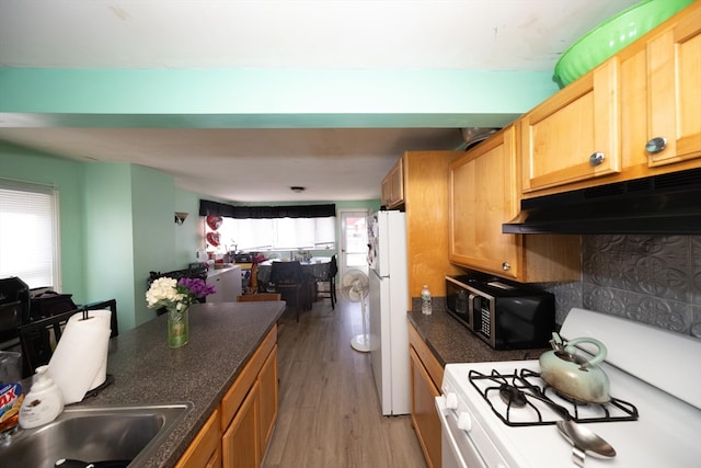 kitchen featuring light hardwood / wood-style floors, decorative backsplash, sink, and white appliances