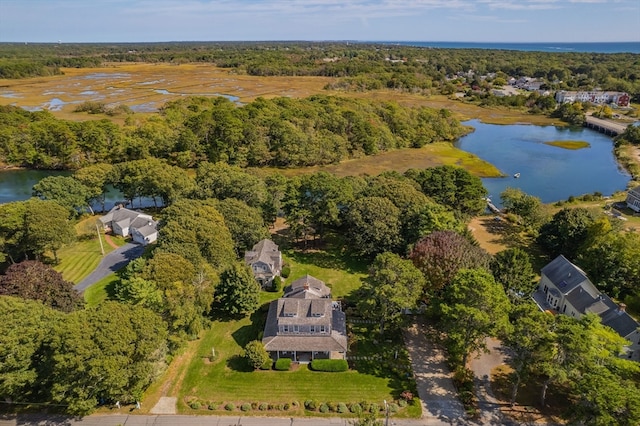 aerial view featuring a water view