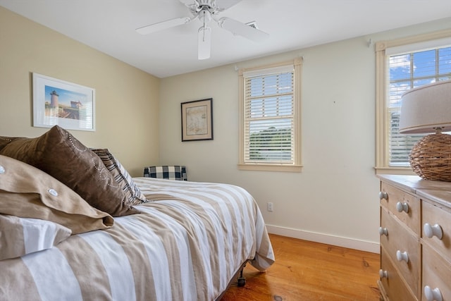 bedroom featuring ceiling fan and light hardwood / wood-style floors