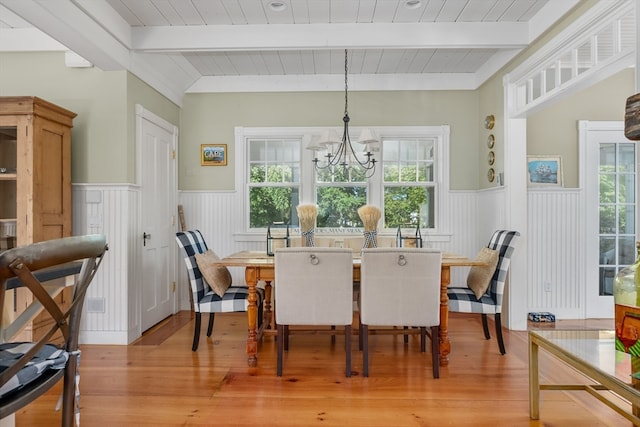 dining room with an inviting chandelier, beamed ceiling, light hardwood / wood-style flooring, and wooden ceiling