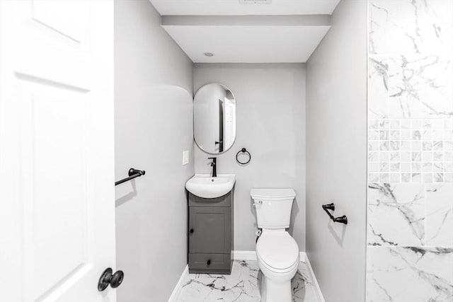 bathroom with visible vents, toilet, marble finish floor, baseboards, and vanity