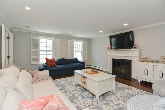 living room featuring baseboard heating, wood finished floors, a glass covered fireplace, ornamental molding, and recessed lighting