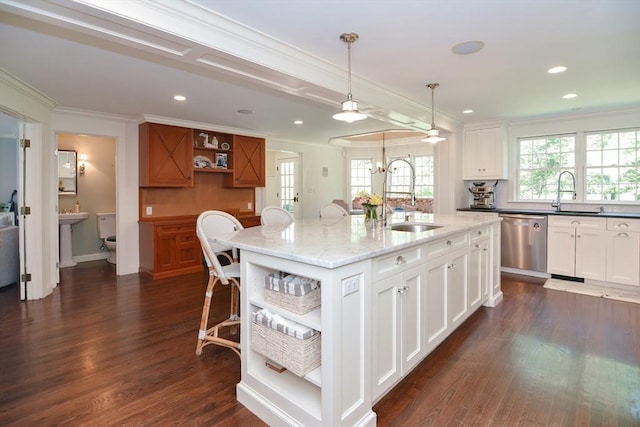 kitchen with crown molding, stainless steel dishwasher, open shelves, a sink, and white cabinetry