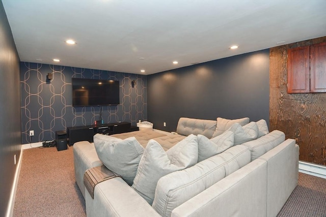 carpeted home theater room with baseboards, wallpapered walls, and recessed lighting