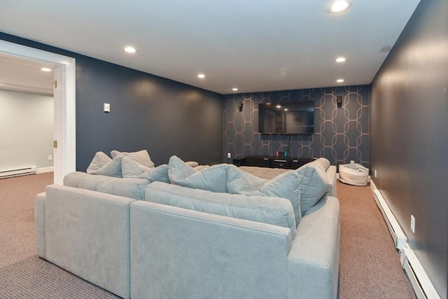 carpeted living area featuring recessed lighting, baseboards, and a baseboard heating unit