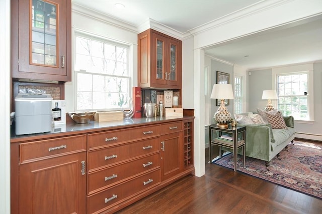 bar with ornamental molding, baseboard heating, backsplash, and dark wood finished floors