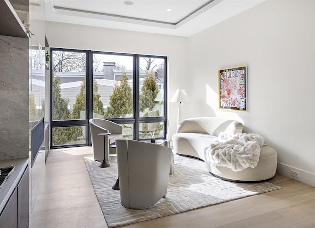 interior space with light wood-style floors, a tray ceiling, baseboards, and recessed lighting