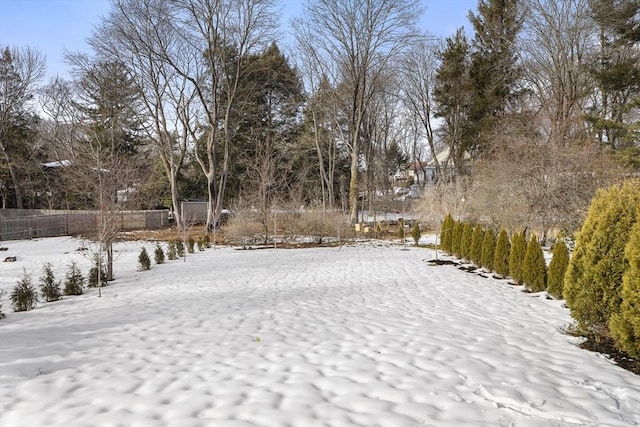 yard layered in snow with fence