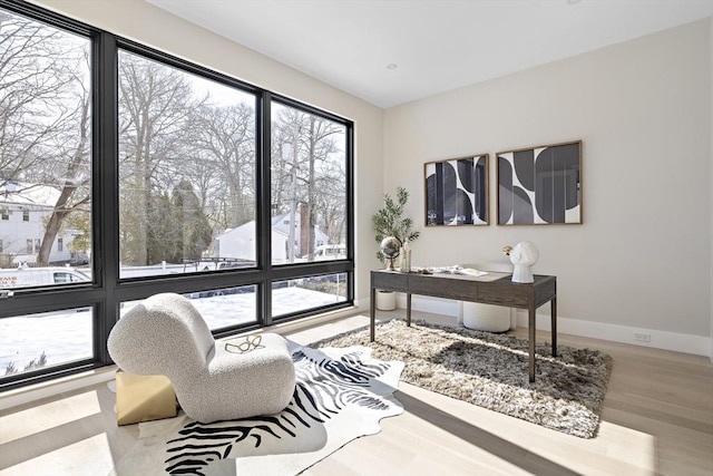 office area featuring light wood-style floors and baseboards