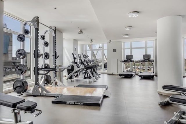 workout area featuring floor to ceiling windows