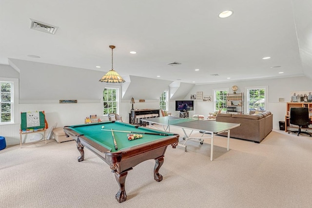 playroom with billiards, lofted ceiling, and light carpet