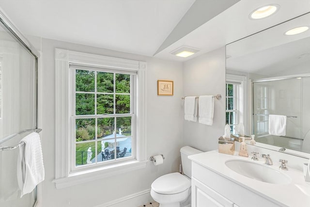 bathroom featuring a healthy amount of sunlight, a shower with shower door, and vaulted ceiling