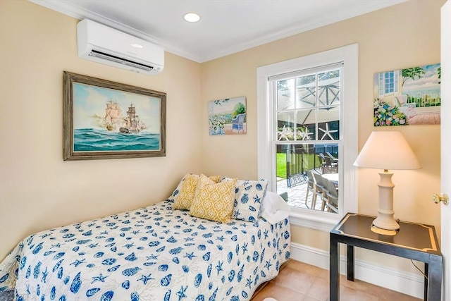 tiled bedroom featuring ornamental molding and a wall mounted AC