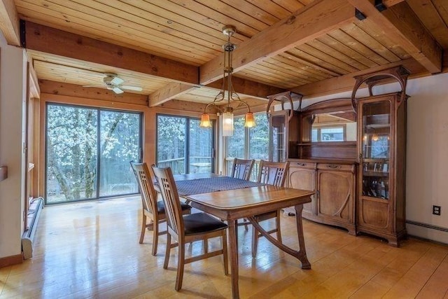 20 Lawton Rd, Leverett, MA 01054 - dining room with healthy amount of natural light, wooden ceiling, beamed ceiling, light wood-type flooring, and baseboard heating