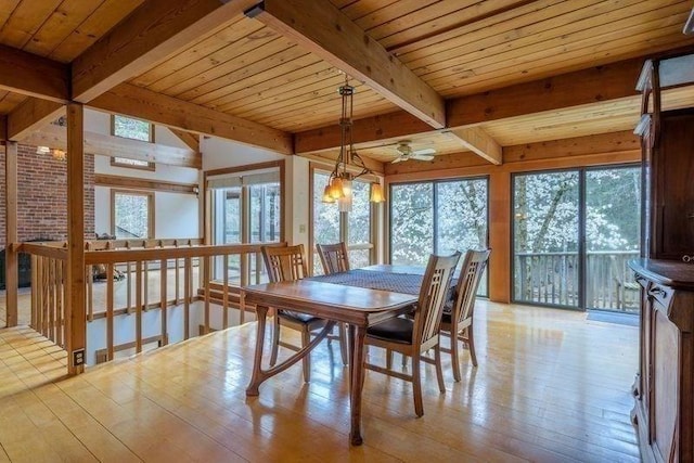 20 Lawton Rd, Leverett, MA 01054 - dining room featuring plenty of natural light, light wood-style floors, beamed ceiling, wood ceiling, and a ceiling fan