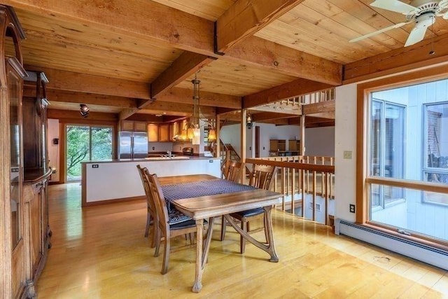 20 Lawton Rd, Leverett, MA 01054 - dining room featuring wood ceiling, light wood-style floors, ceiling fan, baseboard heating, and beamed ceiling