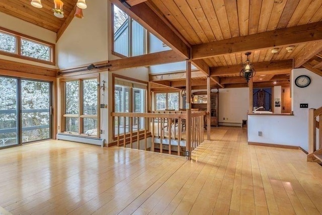 20 Lawton Rd, Leverett, MA 01054 - unfurnished living room featuring baseboard heating, hardwood / wood-style floors, a chandelier, wood ceiling, and a baseboard radiator
