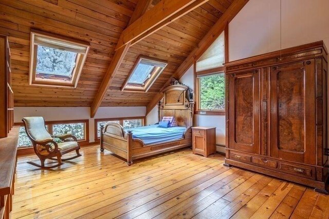 20 Lawton Rd, Leverett, MA 01054 - bedroom featuring a skylight, light wood finished floors, wooden ceiling, and baseboard heating