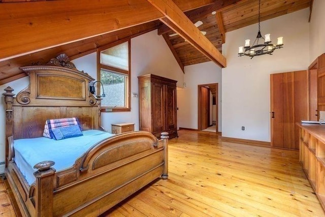 20 Lawton Rd, Leverett, MA 01054 - bedroom with a chandelier, beam ceiling, light wood-style floors, wooden ceiling, and high vaulted ceiling