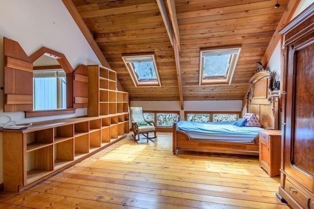 20 Lawton Rd, Leverett, MA 01054 - bedroom with wooden ceiling, a skylight, and light wood-style flooring