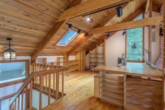 20 Lawton Rd, Leverett, MA 01054 - additional living space with wooden ceiling, a skylight, and hardwood / wood-style flooring