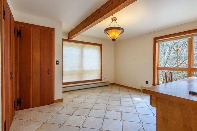 20 Lawton Rd, Leverett, MA 01054 - unfurnished dining area with a baseboard radiator, beam ceiling, baseboards, and light flooring