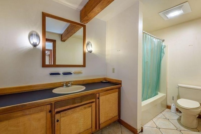 20 Lawton Rd, Leverett, MA 01054 - full bath featuring beam ceiling, toilet, vanity, tile patterned flooring, and shower / tub combo