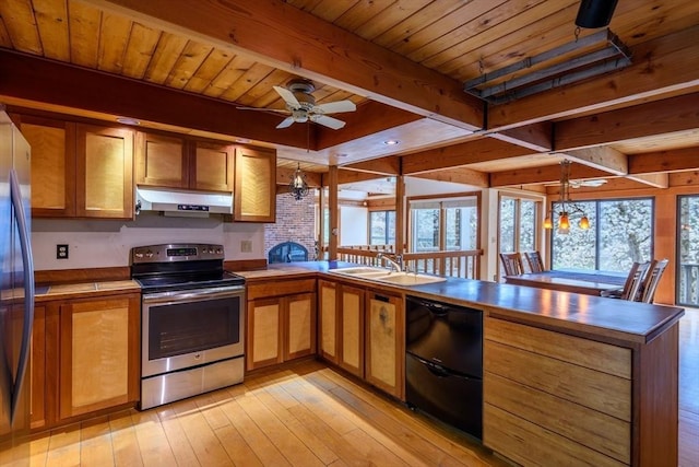 20 Lawton Rd, Leverett, MA 01054 - kitchen with stainless steel appliances, a sink, under cabinet range hood, beamed ceiling, and a peninsula