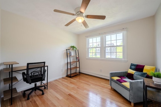 home office with a ceiling fan, baseboards, light wood-style flooring, and a baseboard radiator