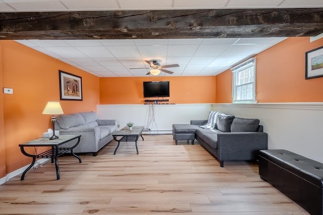 living area featuring light wood-style floors and ceiling fan