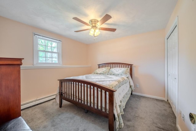 carpeted bedroom featuring a closet, ceiling fan, baseboards, and a baseboard radiator