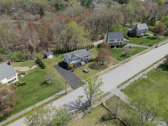 bird's eye view with a wooded view
