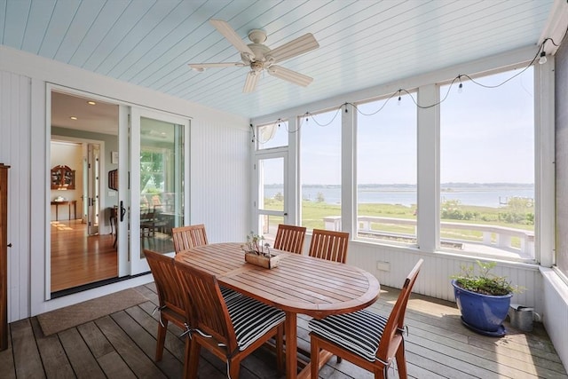 1794 Drift Unit E, Westport, MA 02790 - sunroom with wood-type flooring, ceiling fan, a deck with water view, and wood ceiling