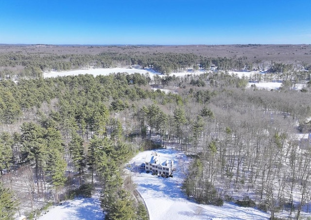 snowy aerial view featuring a forest view