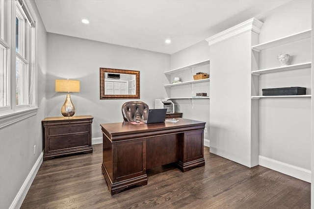 office space with dark wood-style floors, recessed lighting, and baseboards
