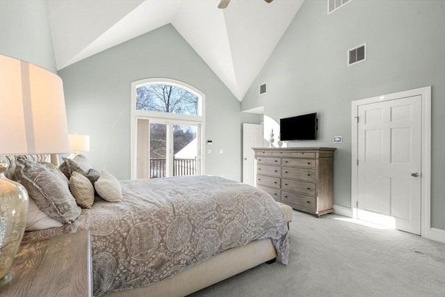 bedroom featuring ceiling fan, carpet floors, visible vents, and access to exterior