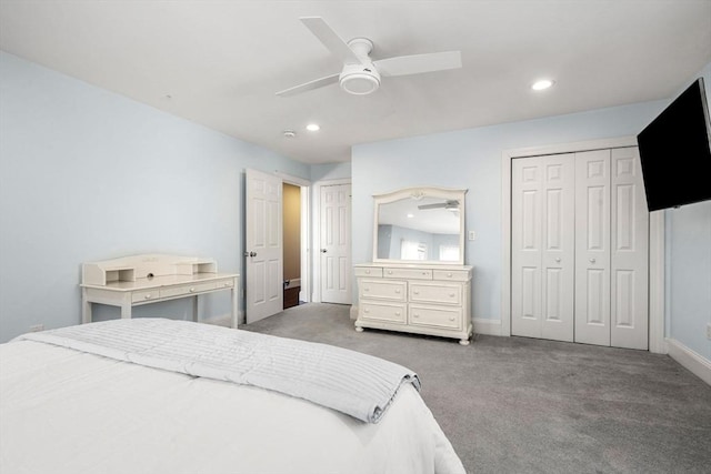 carpeted bedroom with baseboards, a ceiling fan, and recessed lighting