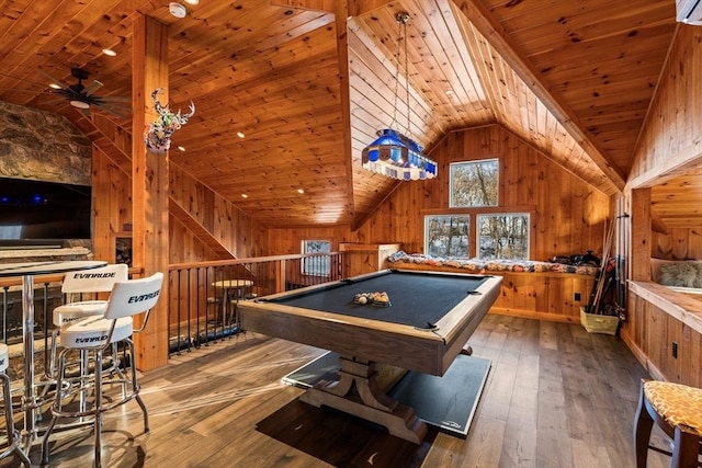 rec room with vaulted ceiling, hardwood / wood-style floors, wooden ceiling, and wooden walls