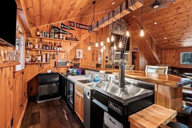 kitchen with lofted ceiling, wood ceiling, a sink, and wooden walls