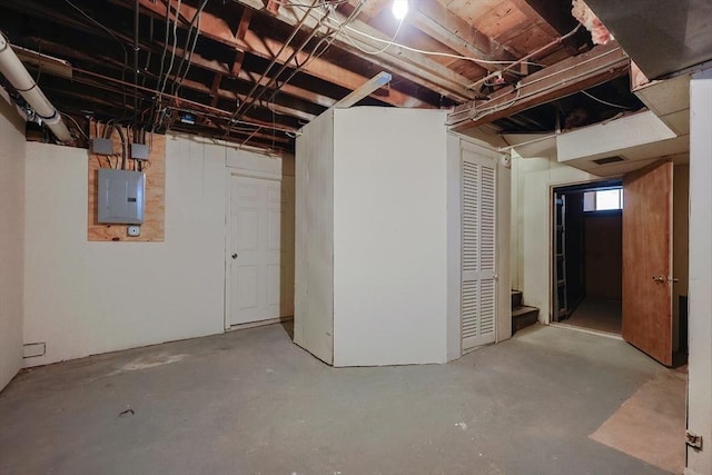 unfinished basement with electric panel