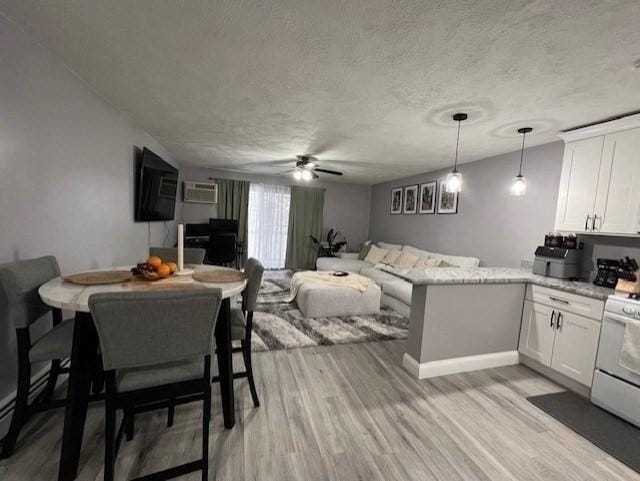 dining space featuring ceiling fan, a textured ceiling, and light wood-type flooring