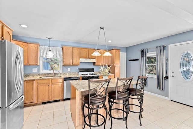 kitchen with appliances with stainless steel finishes, under cabinet range hood, a sink, a kitchen breakfast bar, and light stone countertops