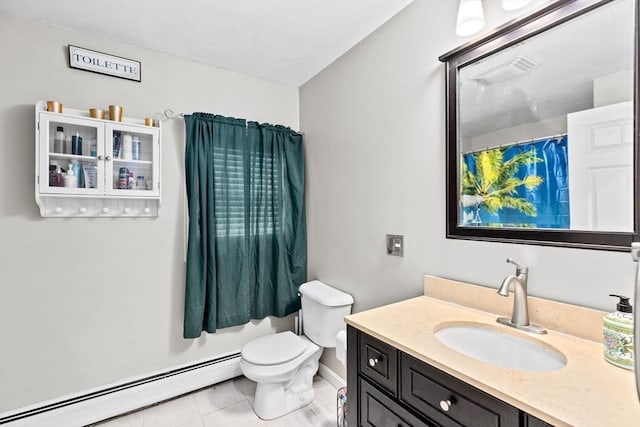full bath featuring baseboard heating, toilet, vanity, tile patterned floors, and curtained shower