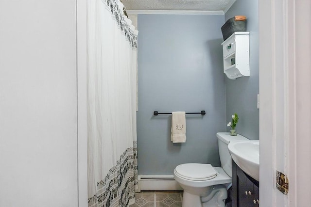 7 Squannacook Ter, Townsend, MA 01469 - full bath with a baseboard heating unit, toilet, vanity, crown molding, and a shower with curtain