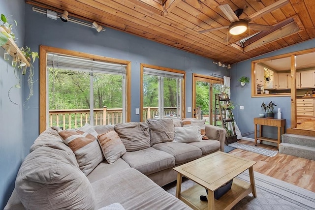 7 Squannacook Ter, Townsend, MA 01469 - living area featuring wood ceiling, ceiling fan, wood finished floors, healthy amount of natural light, and baseboards